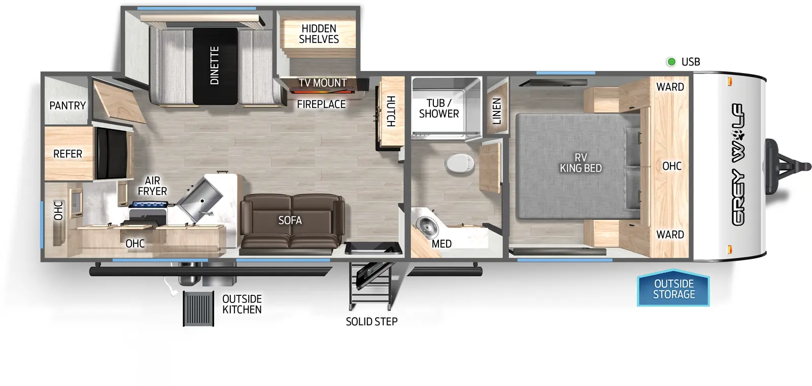 The Grey Wolf 26SS floorplan has one entry and one slide out. Exterior features include: metal exterior and outside kitchen. Interiors features include: rear kitchen, front bedroom and pass through bathroom.